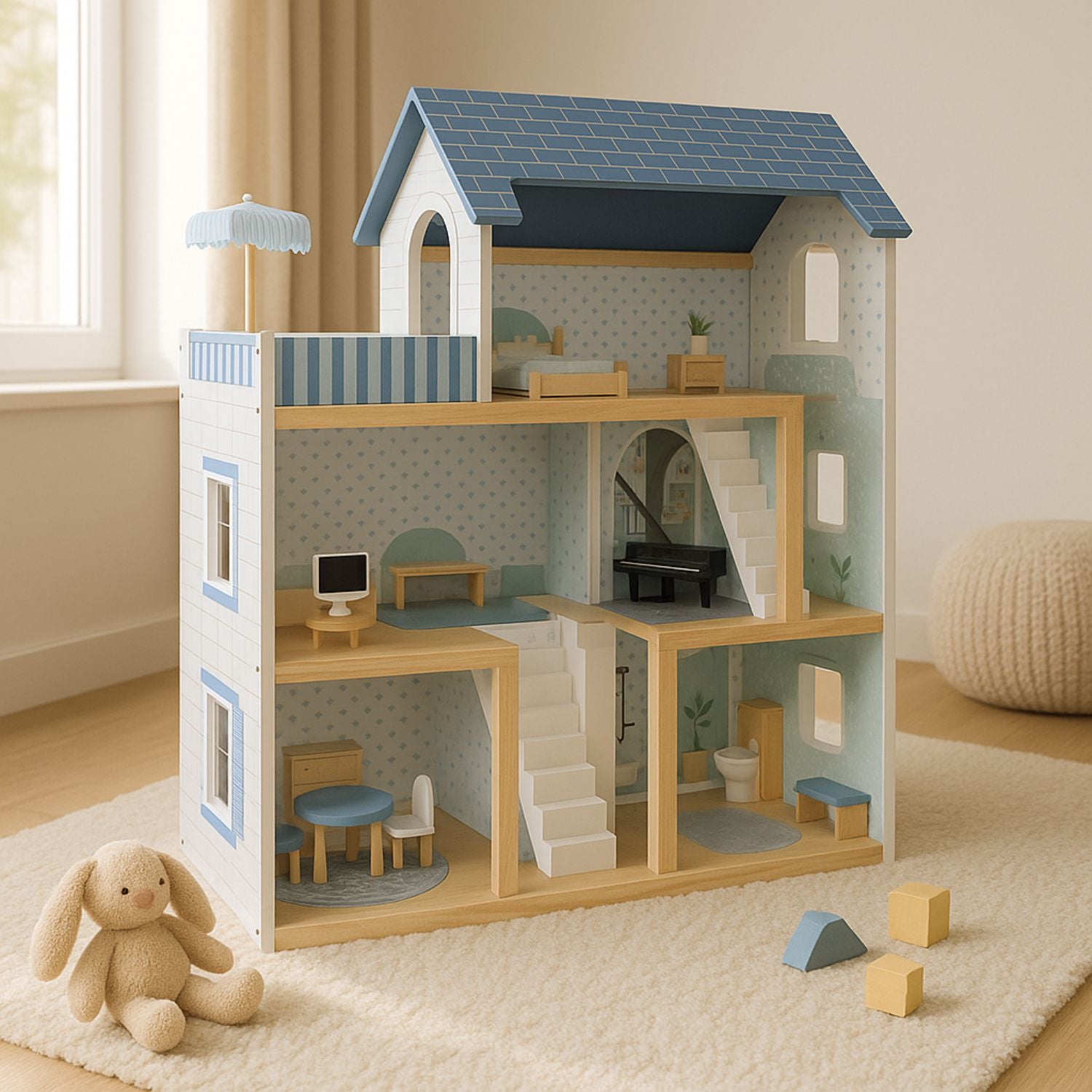 Houten poppenhuis met meubels